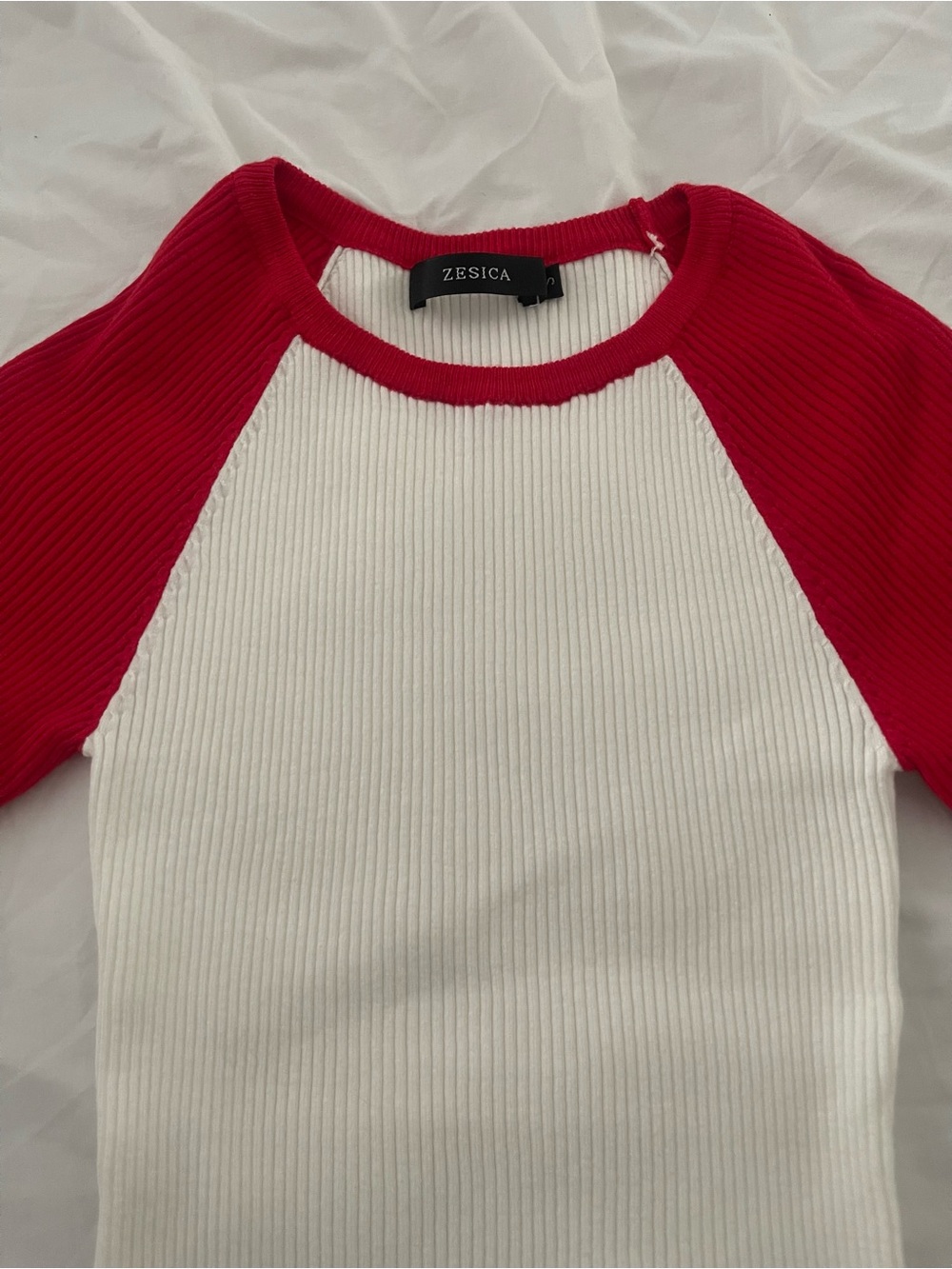 White and Red Ribbed Raglan Shirt
